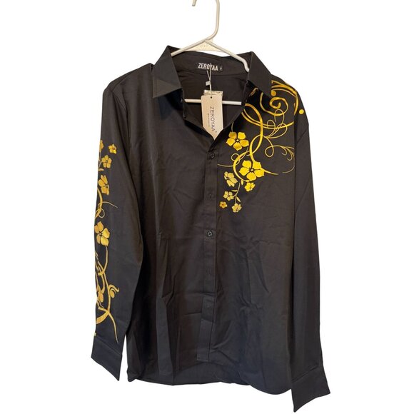 Zeroyaa Mens Black & Yellow Floral Dress Shirt Size M - Picture 1 of 4